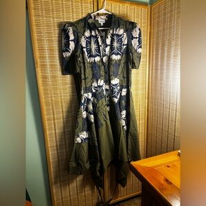 Chic Olive and Navy Floral High-Low Dress